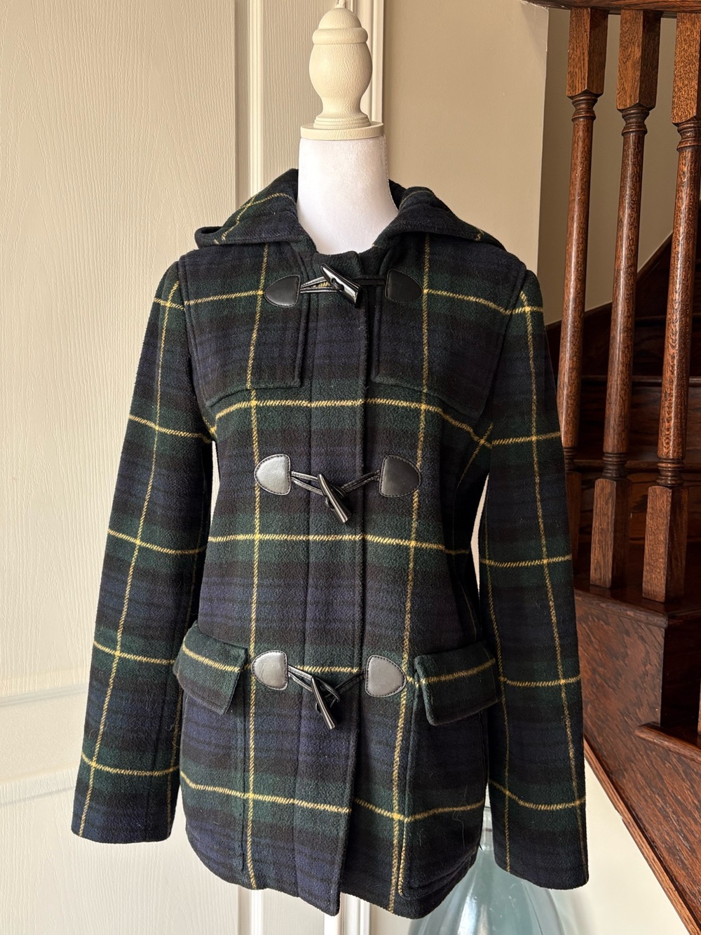 Tommy Hilfiger Navy & Green Plaid Wool Blend Coat